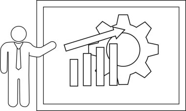 A stick figure gestures to a chart with bars an arrow and a gear all on a rectangular background
