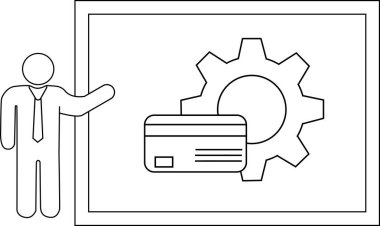 Person presents a graphic of a credit card and gear on a whiteboard