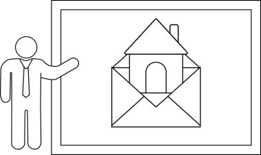 Person pointing at image of house inside envelope on a screen