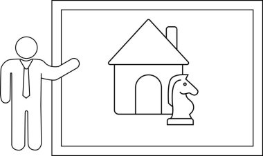 Presenter gesturing at a house next to a chess knight on a board