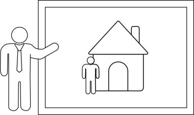 Çubuk figür kapının yanında duran kişinin beyaz tahta çizimine işaret ediyor.