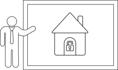 Stick figure presents home security house with open padlock on display board