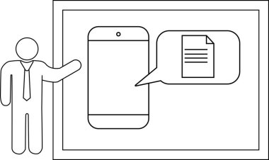 A line drawing shows a person next to a phone with a document icon in a speech bubble framed