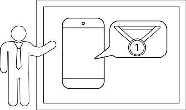 A man stands by a phone that displays a message bubble with a medal inside