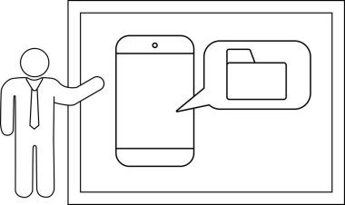 A stick figure presenting a phone with a folder icon
