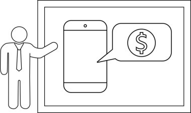 Business presentation stick figure gesturing to phone with money symbol in speech bubble set in frame