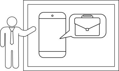 Drawn figure with tie standing by phone with briefcase talk bubble on wall