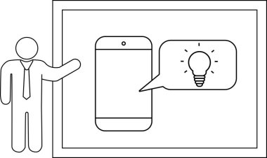 Illustration shows person pointing to phone with bulb idea in bubble set in frame