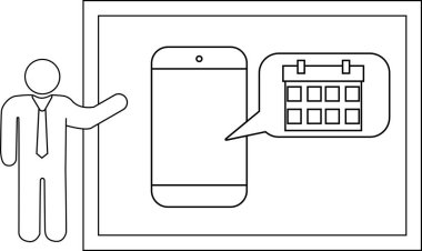 Line art shows a man presenting a phone app calendar feature within a framed presentation