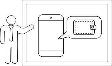 Lineart display features a figure beside a phone icon wallet in speech bubble enclosed by a border