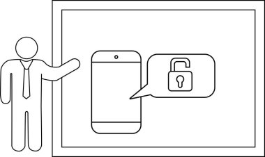 Person points to a screen showing a phone unlocked padlock in a speech bubble