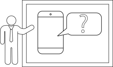 Stick figure gestures at a smartphone with a question mark bubble inside a framed screen