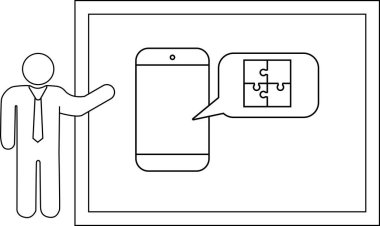 Stick figure presenting smartphone with puzzle icon in speech bubble on a framed whiteboard