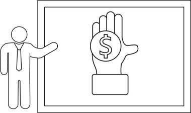 Bir iş sunucusu sunum tahtasında bir dolar tutan bir eli işaret eder.
