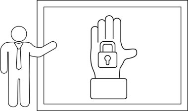 Bir kişi üzerinde asma kilit tutan bir el olan beyaz bir tahta sunar.