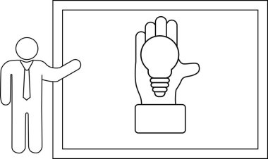 Figure presenting a whiteboard displaying a hand holding a lightbulb