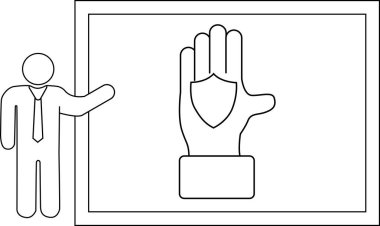 Çizgi sanatı çerçevelenmiş bir görüntünün içinde eli kalkan olan bir kişiyi tasvir eder.