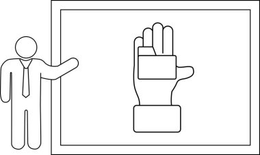 Çubuk figürü bir tahta üzerinde tıkanmış özelliklere sahip eldivenli bir elin çizimini sunar