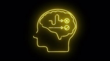 Parlayan sarı neon bir baş silueti. İçinde oklar, haçlar ve siyah bir arka planda işaretler olan bir beyin.