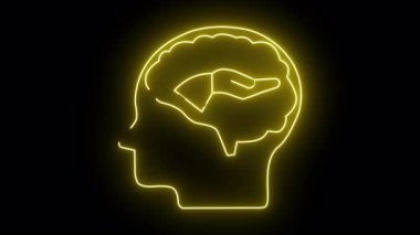 Neon sarısı bir hat, bir kafa profilinin içindeki siyah bir arka planda eli olan bir beyni gösterir.