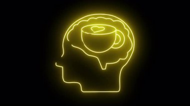 Beynin içinde bir fincan kahveyle birlikte siyah bir fona kurulmuş neon sarısı bir dış hat.