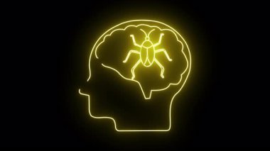 Sarı neon başlıklı bir hat, beyin şeklindeki uzayda parlayan bir böcek içerir.