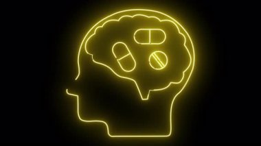 Siyah bir zemin üzerinde 3 hap bulunan bir beynin sarı neon çizgisi.
