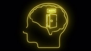 Sarı neon çizgisi, profilde bir kafa, açık bir kapı ve beyin bölgesinde ESCAPE işareti gösteriyor.