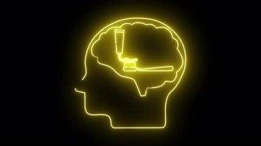 Diş macunu ve diş fırçası içeren bir beyin ile insan kafa profilinin parlayan neon grafiği