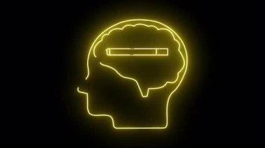 İçinde yatay bir çizgi olan parlak sarı bir kafa çizgisi. Muhtemelen bir akıl ya da beyin.