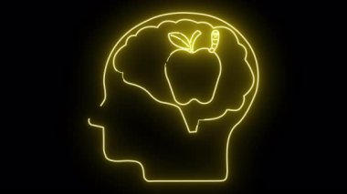 Profilde parlak sarı çizgili bir kafa, içinde elma ve solucan olan bir beyin.