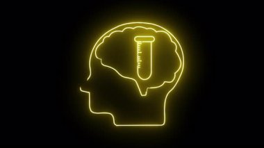 Parlak sarı neon bir profil kafası ve içinde test tüpü olan bir beyin.