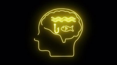 Parlak sarı neon bir kafa, dalgalar içeren bir beyin, bir balık kancası, siyah bir arka planda bir balık.