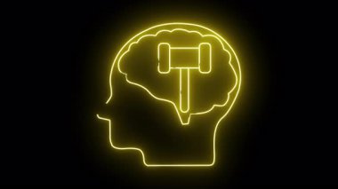 Aydınlatılmış sarı neon bir beyin çizgisi ve siyah bir zemin üzerinde tokmak.