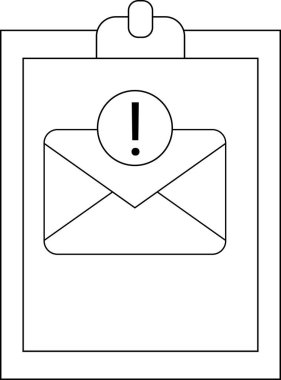 A black and white image of a clipboard showing an envelope with an exclamation point inside a circle above it