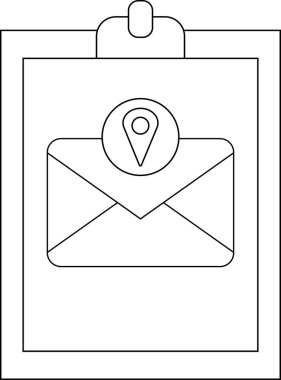 A black white icon of a clipboard letter and location pin
