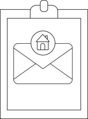 A clipboard features an envelope with a circular home icon on top