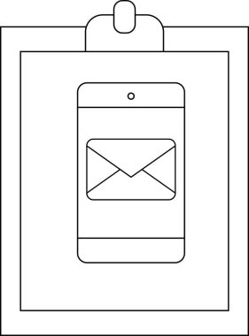 A clipboard holds a phone displaying an envelope icon