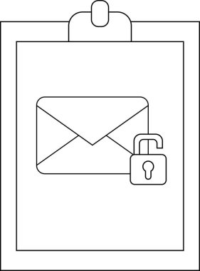 A clipboard holds a letter and unlocked padlock illustration