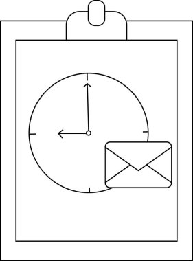 A clipboard with a clock indicating 900 and an envelope symbol is depicted in outline