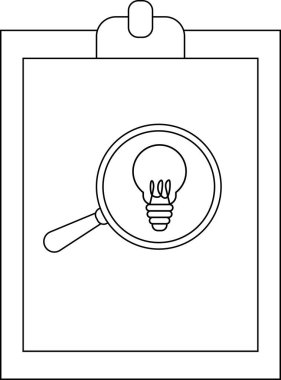 A clipboard with a magnifying glass over a light bulb all rendered in outline
