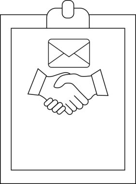 A clipboard with an email envelope and handshake outlined in black and white