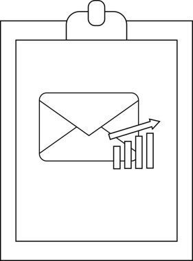 A clipboard with an email icon and upward graph on a white page