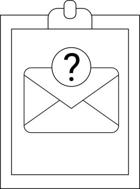 Black and white illustration of a clipboard an envelope and a question mark in a circle