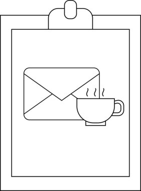 Clipboard displaying a mail envelope and a steaming coffee cup