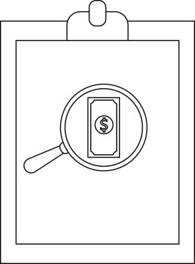 Clipboard with a magnifying glass over a dollar bill icon