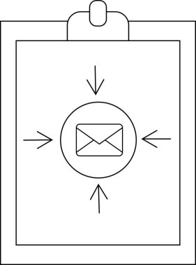 Clipboard with mail icon arrows indicating inward direction Simple black white line drawing