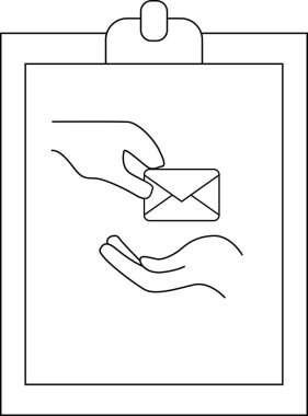 Clipboard with two hands exchanging an envelope or letter