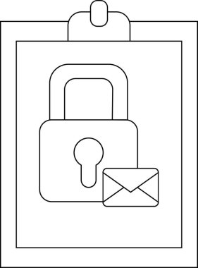 Lock and envelope on a clipboard rendered in black and white line art