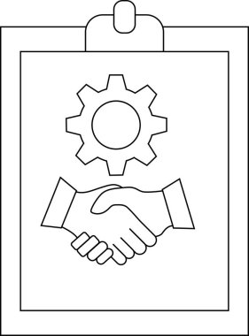 A clipboard depicts a handshake below a gear symbol